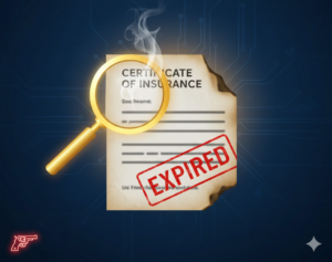 Illustration of a magnifying glass showing an expired stamp on a static Certificate of Insurance COI