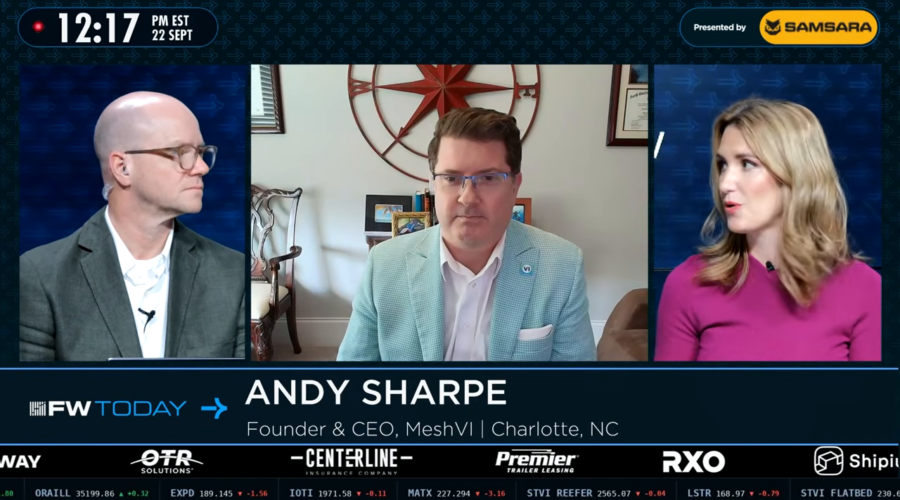 Andy Sharpe with Craig Fuller and Julie looking on FreightWaves TODAY
